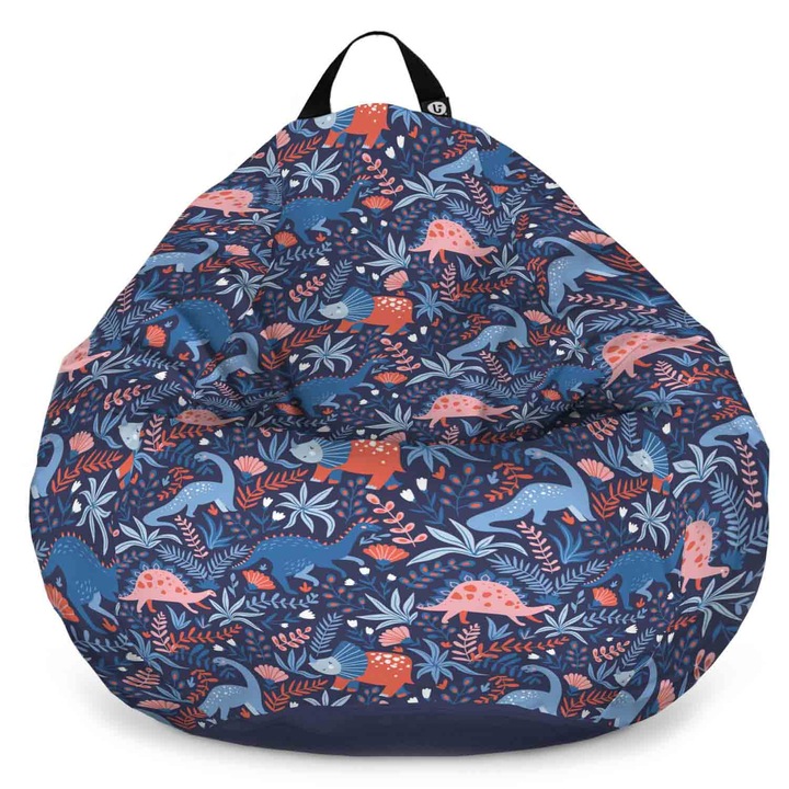 Fotoliu Updeco Puf Bean Bag tip Para XL, impermeabil, indoor/outdoor, sac interior, cu maner, 90 x 90 x 60 cm, dinozauri nocturni