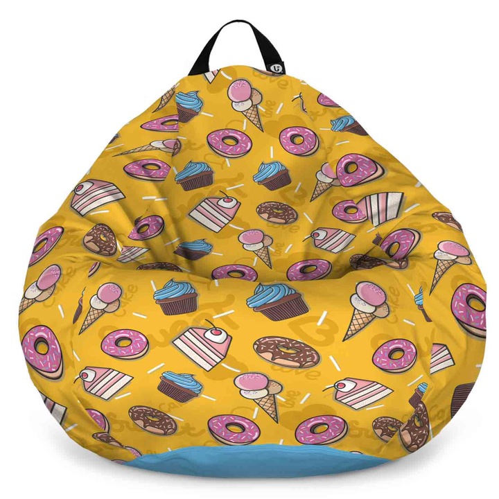 Fotoliu Updeco Puf Bean Bag tip Para XL, impermeabil, indoor/outdoor, sac interior, cu maner, 90 x 90 x 60 cm, cake and ice-cream