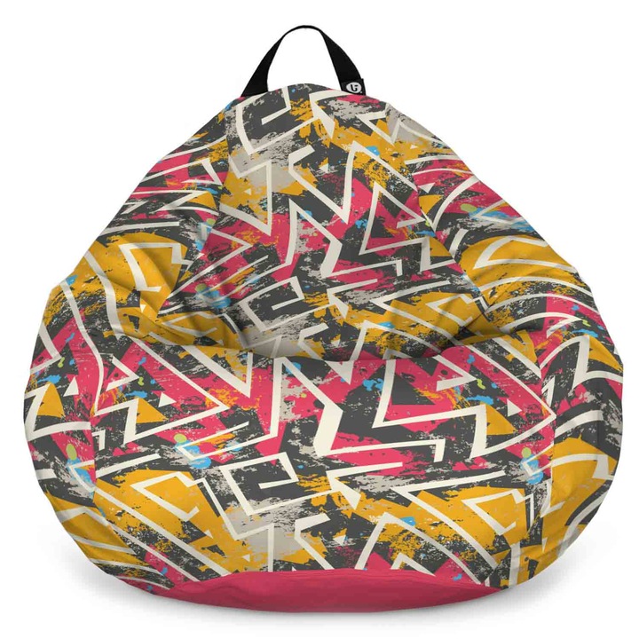 Fotoliu Updeco Puf Bean Bag tip Para XL, impermeabil, indoor/outdoor, sac interior, cu maner, 90 x 90 x 60 cm, graffiti grunge geometric