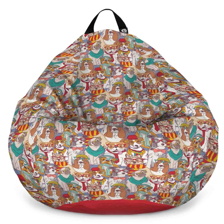 Fotoliu Updeco Puf Bean Bag tip Para L, impermeabil, indoor/outdoor, sac interior, cu maner, 80 x 80 x 55 cm, caini hipster