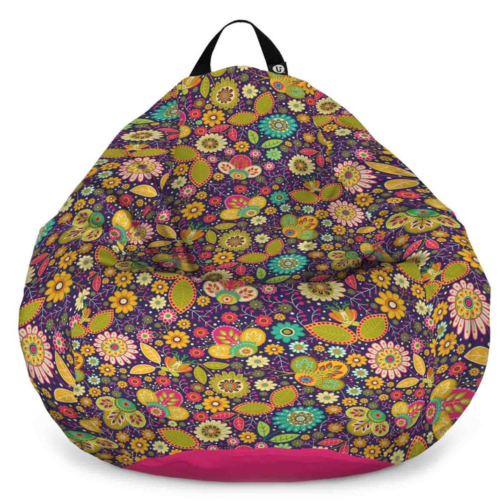 Fotoliu Updeco Puf Bean Bag tip Para XL, impermeabil, indoor/outdoor, sac interior, cu maner, 90 x 90 x 60 cm, flowers hippie