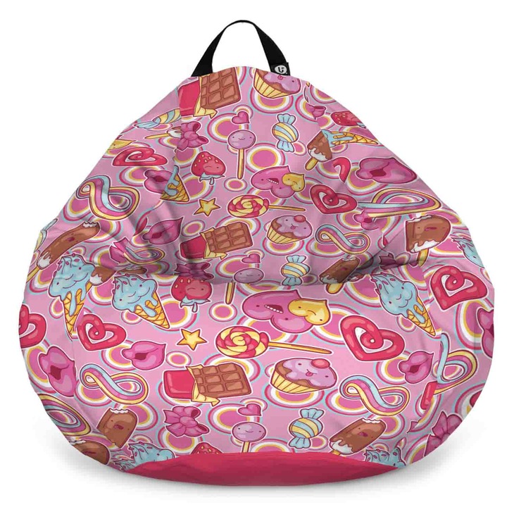 Fotoliu Updeco Puf Bean Bag tip Para L, impermeabil, indoor/outdoor, sac interior, cu maner, 80 x 80 x 55 cm, candies fundal roz