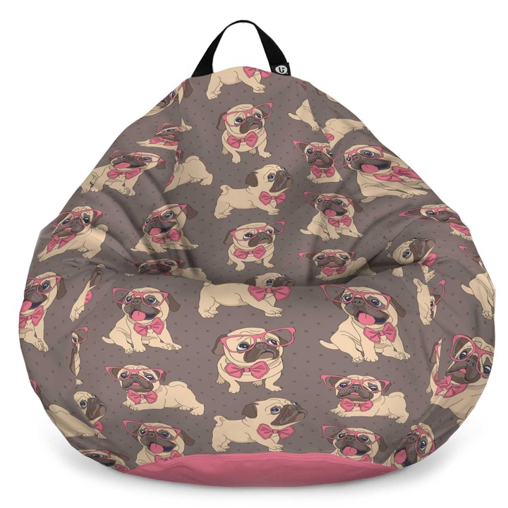 Fotoliu Updeco Puf Bean Bag tip Para L, impermeabil, indoor/outdoor, sac interior, cu maner, 80 x 80 x 55 cm, pugs cu ochelari