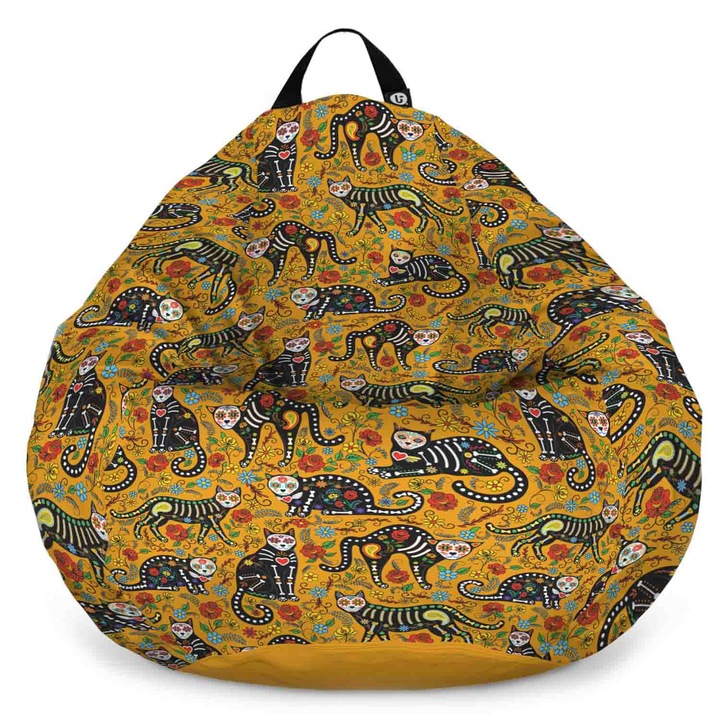 Fotoliu Updeco Puf Bean Bag tip Para L, impermeabil, indoor/outdoor, sac interior, cu maner, 80 x 80 x 55 cm, pisici dia de los muertos