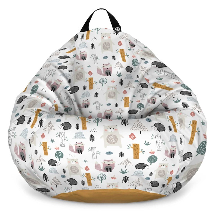 Fotoliu Updeco Puf Bean Bag tip Para XL, impermeabil, indoor/outdoor, sac interior, cu maner, 90 x 90 x 60 cm, arici si vulpe alb