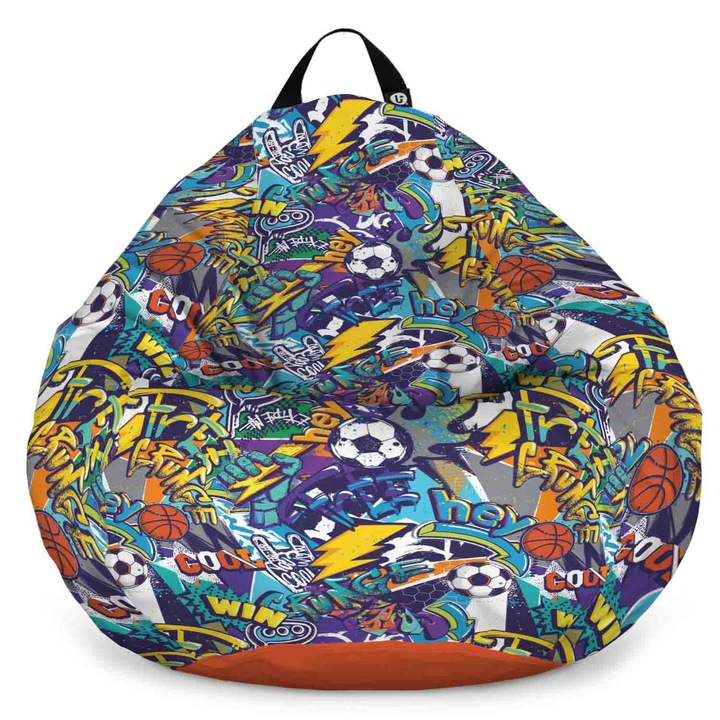 Fotoliu Updeco Puf Bean Bag tip Para L, impermeabil, indoor/outdoor, sac interior, cu maner, 80 x 80 x 55 cm, graffiti sport