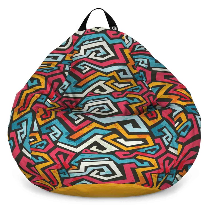 Fotoliu Updeco Puf Bean Bag tip Para XL, impermeabil, indoor/outdoor, sac interior, cu maner, 90 x 90 x 60 cm, graffiti linii retro