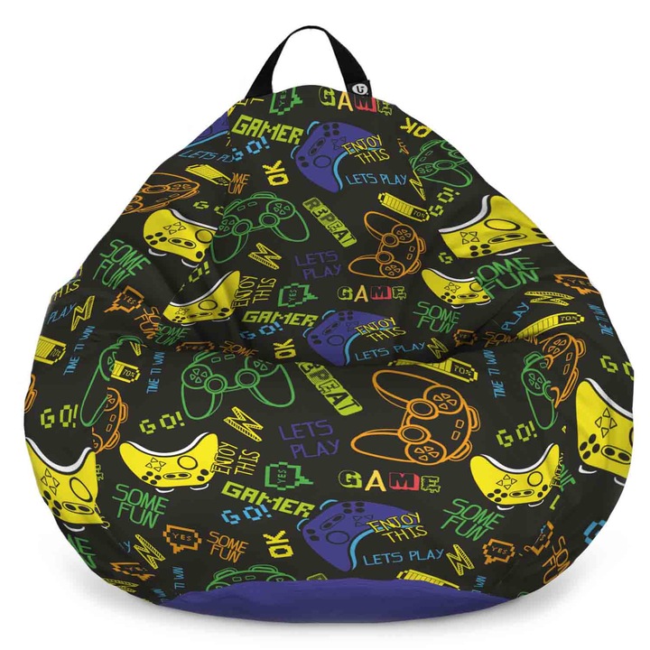 Fotoliu Updeco Puf Bean Bag tip Para XL, impermeabil, indoor/outdoor, sac interior, cu maner, 90 x 90 x 60 cm, let's play