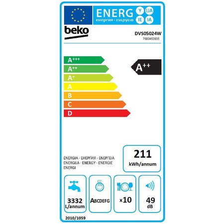 Masina de spalat vase Beko DVS05024W, 10 seturi, 5 programe, Clasa A++, Start intarziat, Indicator sare, Display LED, Flexible HalfLoad, 60 cm, Alb