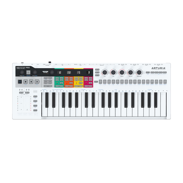 MIDI контролер и стъпков сенвенсер Arturia KeyStep Pro, 37 клавиша с афтър-тъч сенситивност, секвенсер с 4 трак-а, Арпеджиатор, 1 MIDI in, 2 MIDI out, USB, OLED дисплей, Включен софтуер, Бял