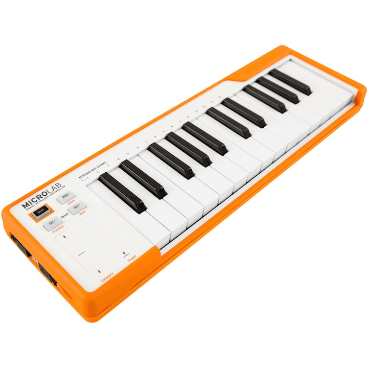 Портативен контролер Arturia Microlab, 25 мини клавиша, 2 тъч ленти за контрол, Смарт контроли, Бутони за смяна на октавата, USB, Оранжев