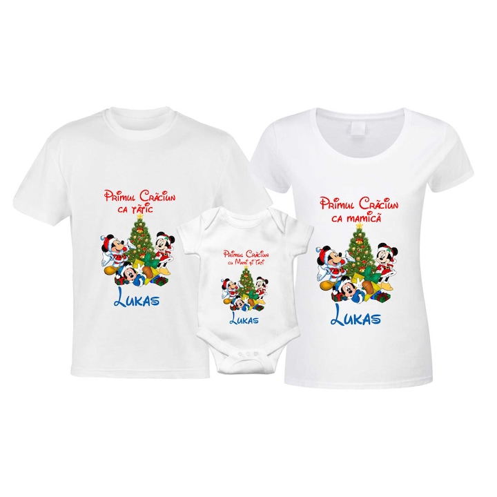 Set tricouri familie 1 an , Primul craciun in 3, alb, cu Minnie si Mickey Mouse