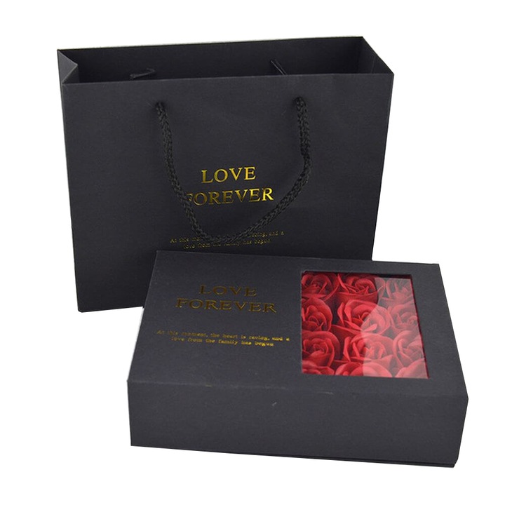 Aranjament floral din 12 trandafiri de sapun parfumati, cutie cadou , Rosu/ negru