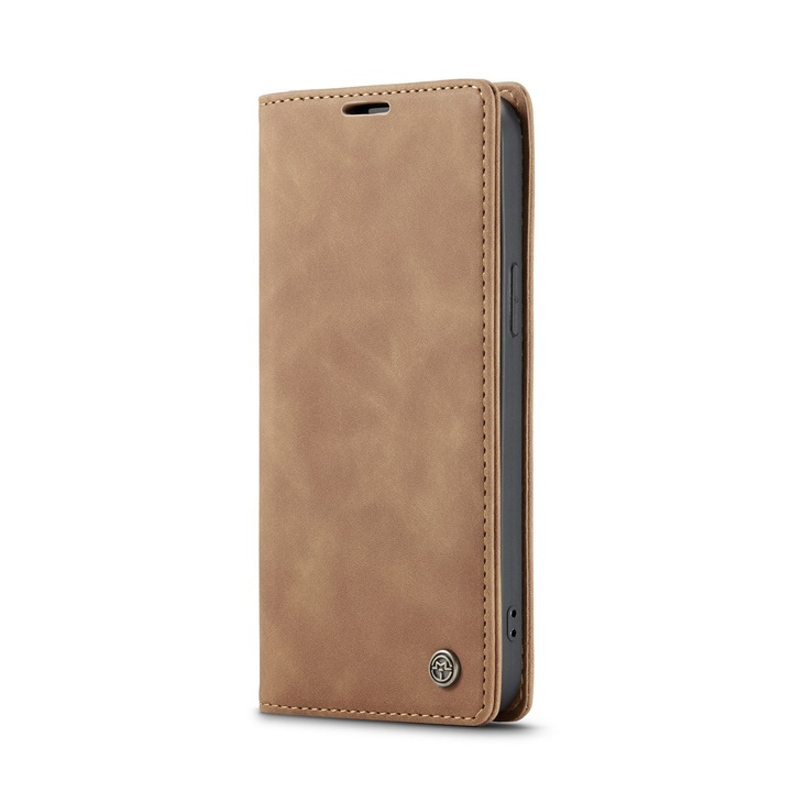 Husa pentru iPhone 13, CaseMe, slim piele, tip portofel, stand, inchidere magnetica, textura catifelata, Maro deschis