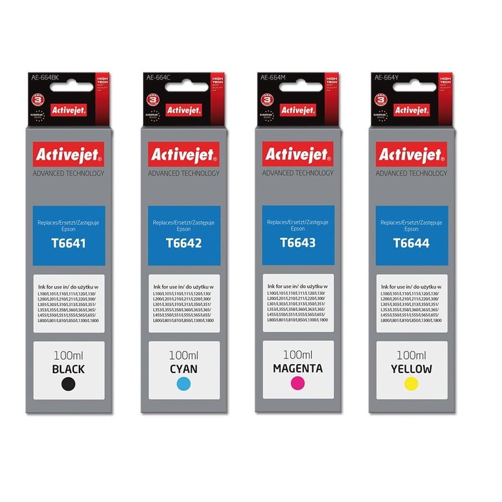 ActiveJet 4 darabos tintapatron készlet - T6641 fekete / T6642 cián / T6643 magenta / T6644 sárga, 4 x 100 ml, 4 x 6500 oldal, Epson kompatibilis