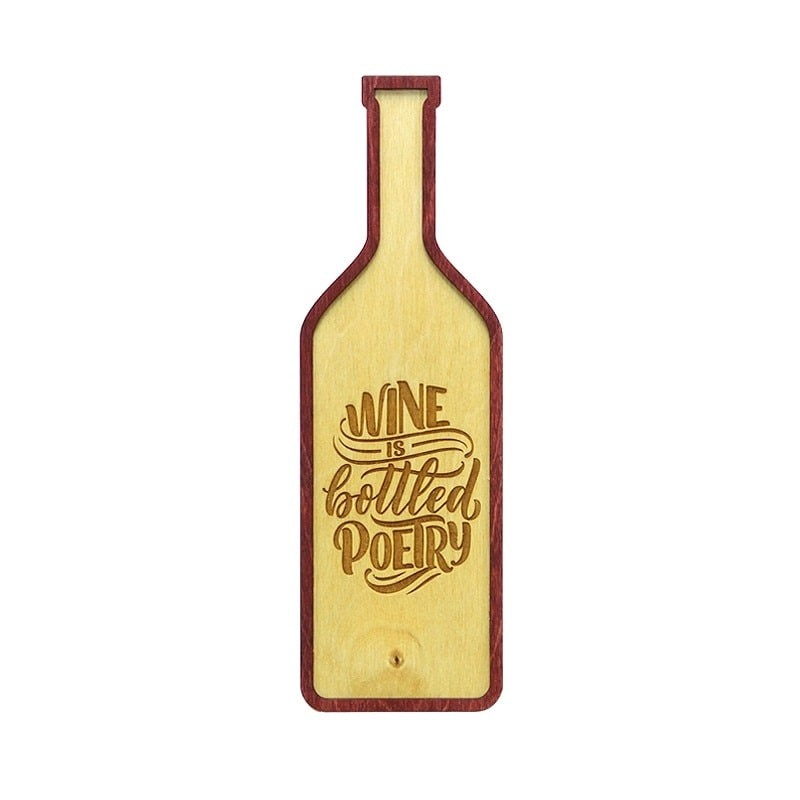 Tablou forma sticla vin cu mesajul Wine is Bottled Poetry, 28 x 9 cm