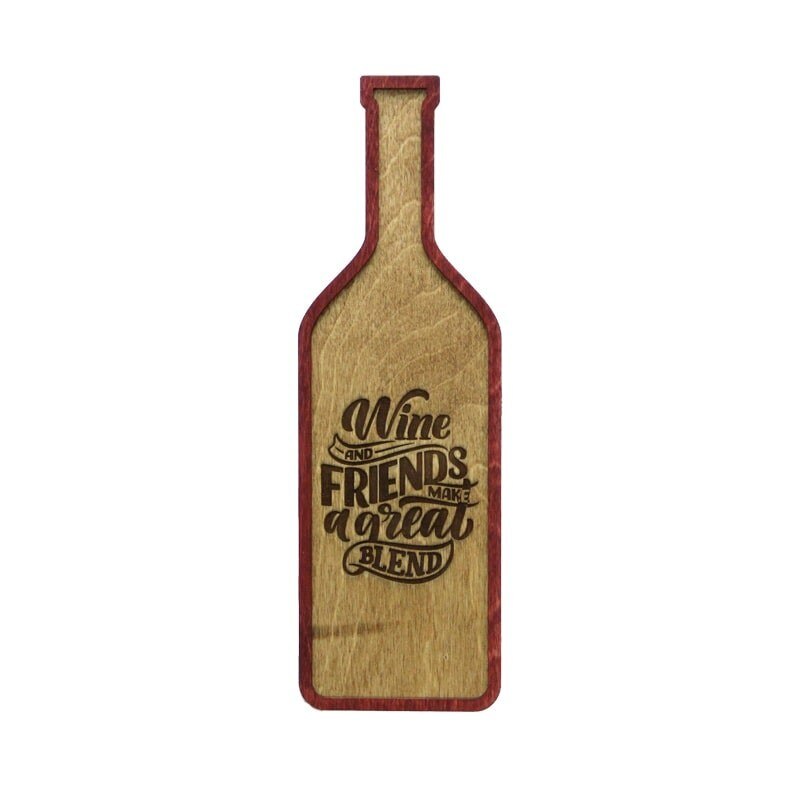 Tablou forma sticla vin cu mesajul Wine and Friends, 28 x 9 cm