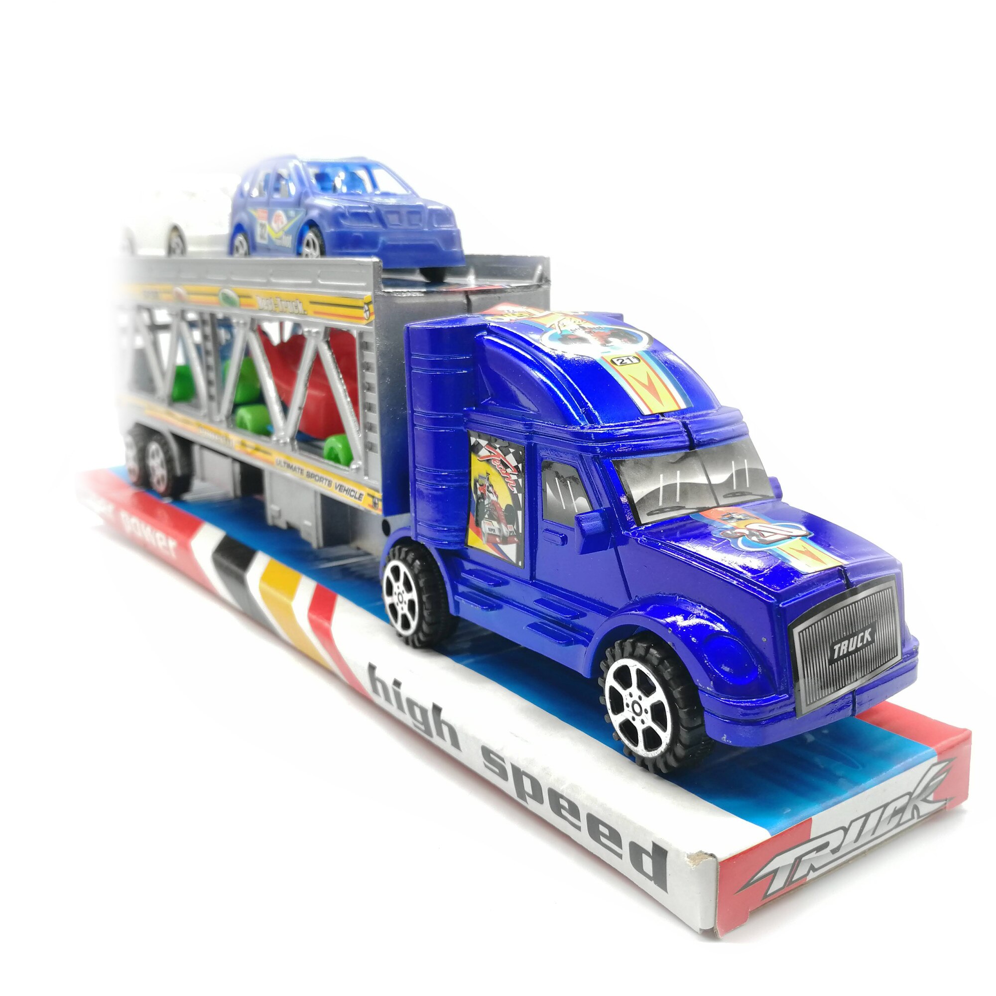 Set camion transportator de autovehicule, 35 cm, cu 4 masini transportate, 5 piese