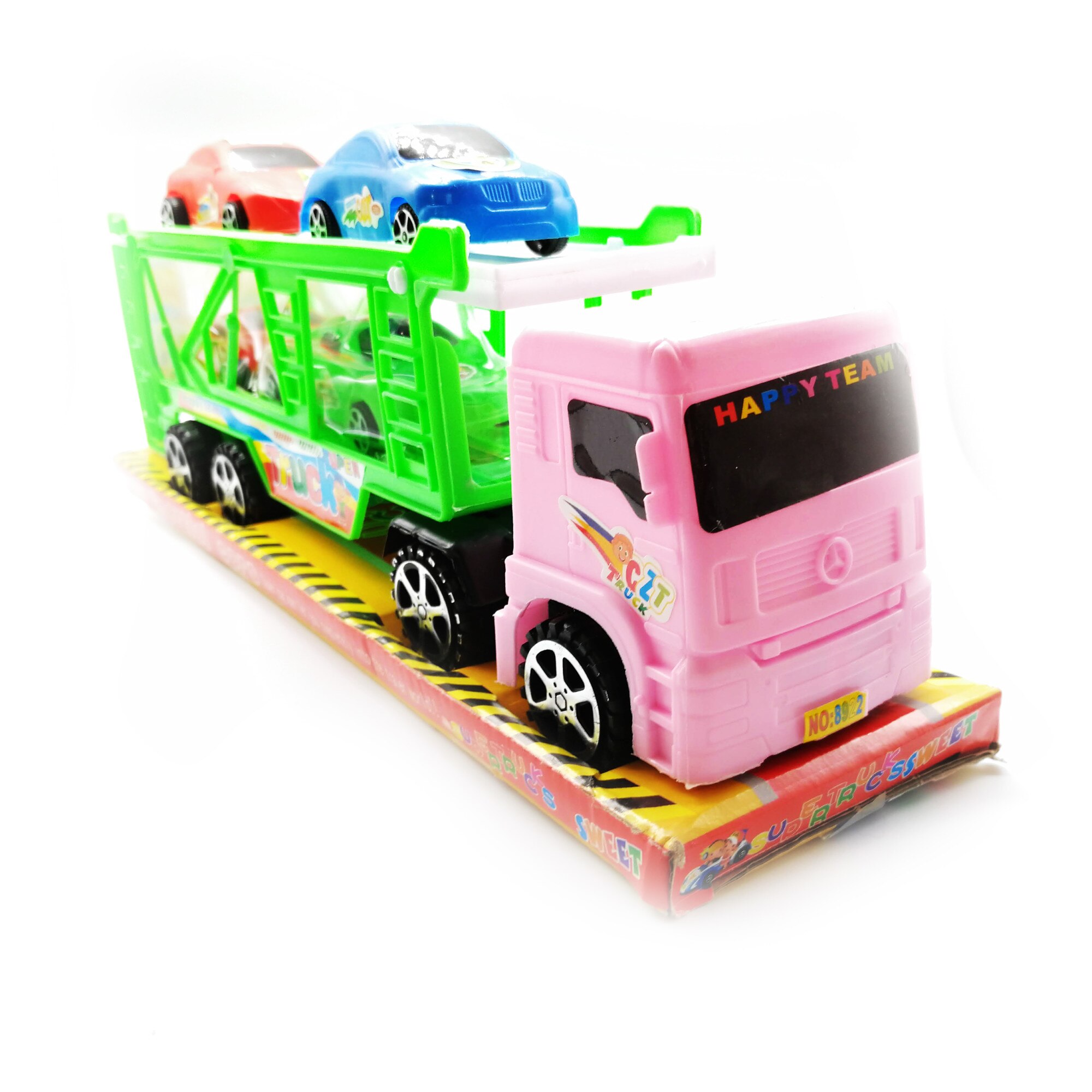 Set camion transportator de autovehicule, 35 cm, cu 4 autoturisme transportate, 5 piese