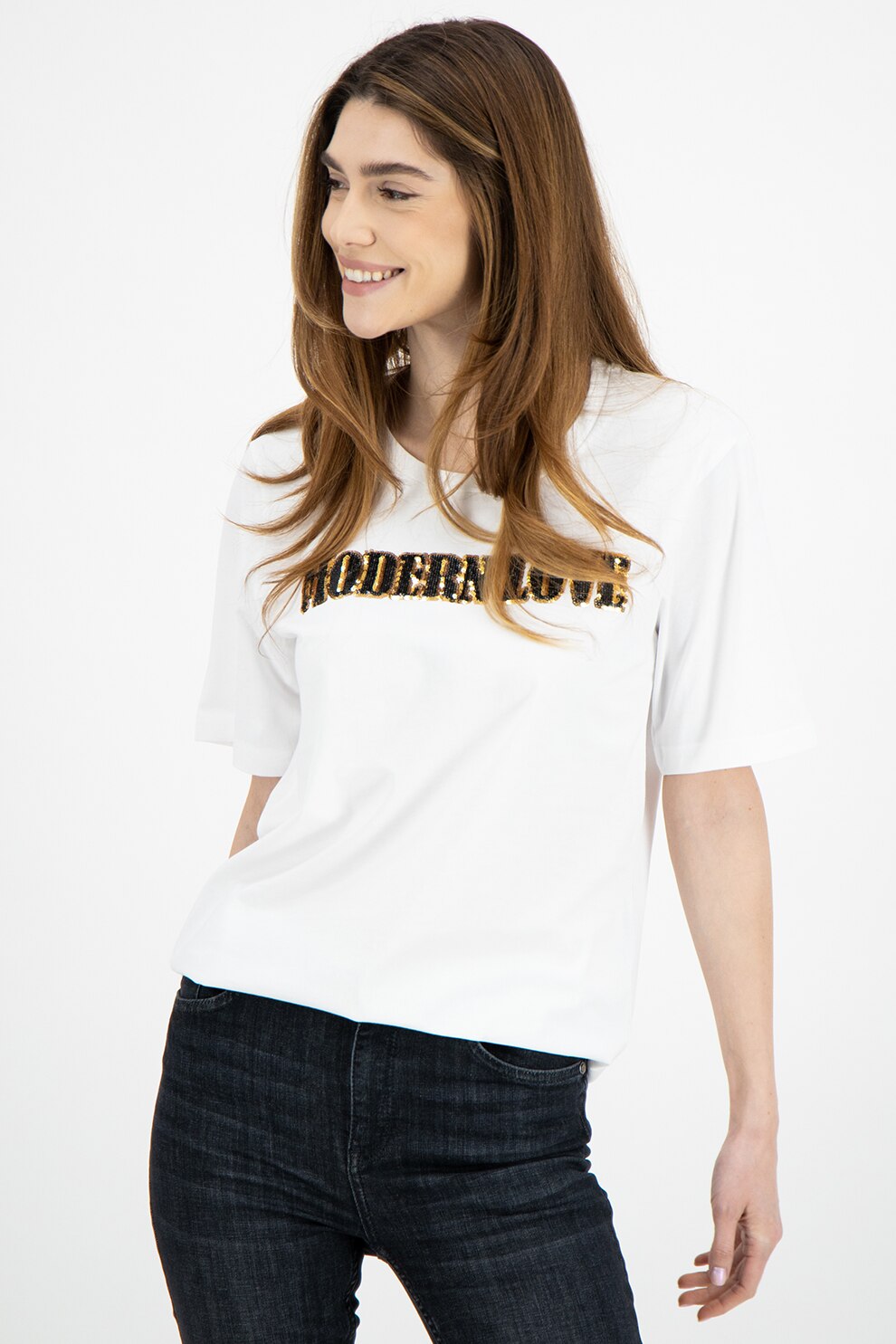 Silvian Heach Collection, Tricou cu text cu paiete, Alb optic/maro/negru