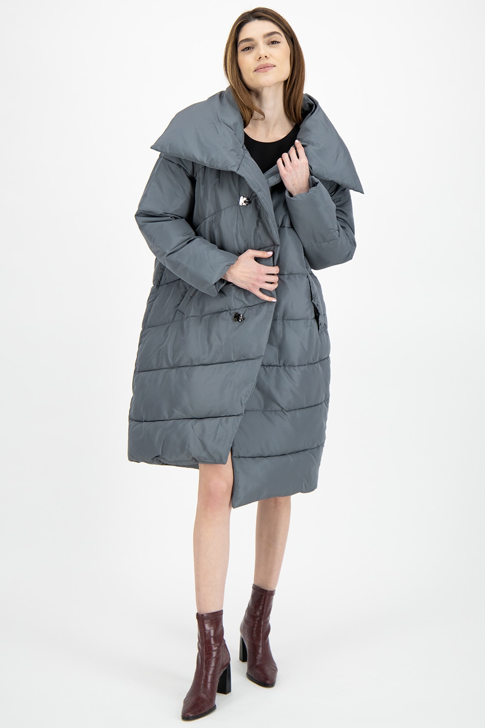 Silvian Heach Collection, Geaca asimetrica lunga, cu vatelina, Gri