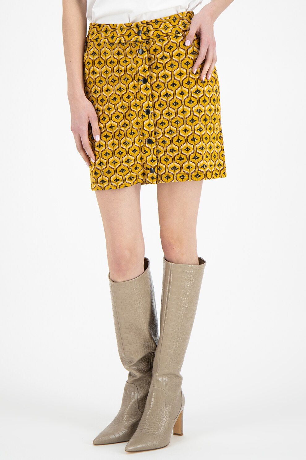 Silvian Heach Collection, Fusta mini cu model geometric, Galben sofran/alb/rosu Bordeaux
