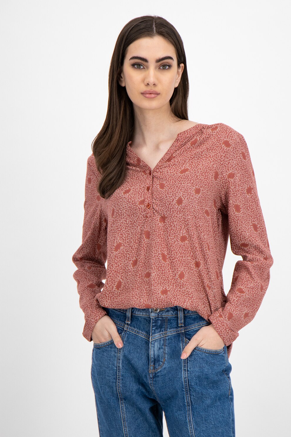 Mustang, Bluza vaporoasa din modal cu imprimeu, Rosu caramiziu, XS-S