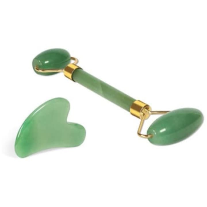 Jáde roller és Jade köves szív alakú arc-, testmasszázs és nyirokmasszázs, Zöld színben