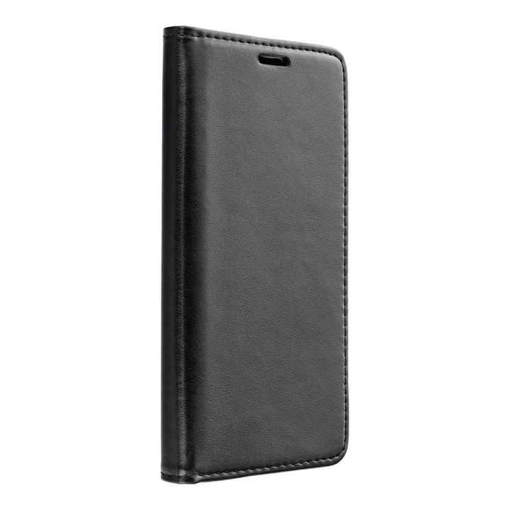 Flip tok, Samsung Galaxy A12 / M12 kompatibilis, mágneses könyvtok modell, ökológiai bőr, fekete