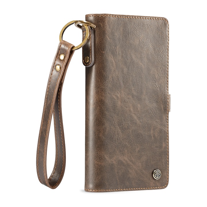 Husa pentru iPhone X, XS, CaseME, piele portofel, multifunctionala, buzunare carduri, bani, casti, chei, culoare Maro coffee