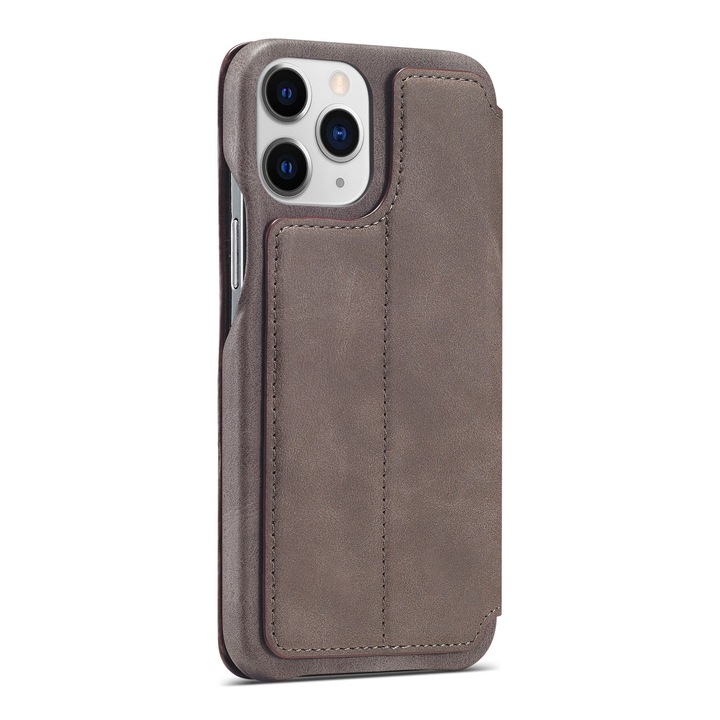 Husa pentru iPhone 12 Pro, iPhone 12, CaseMe, slim piele, stand, inchidere magnetica, textura fina, Maro coffee