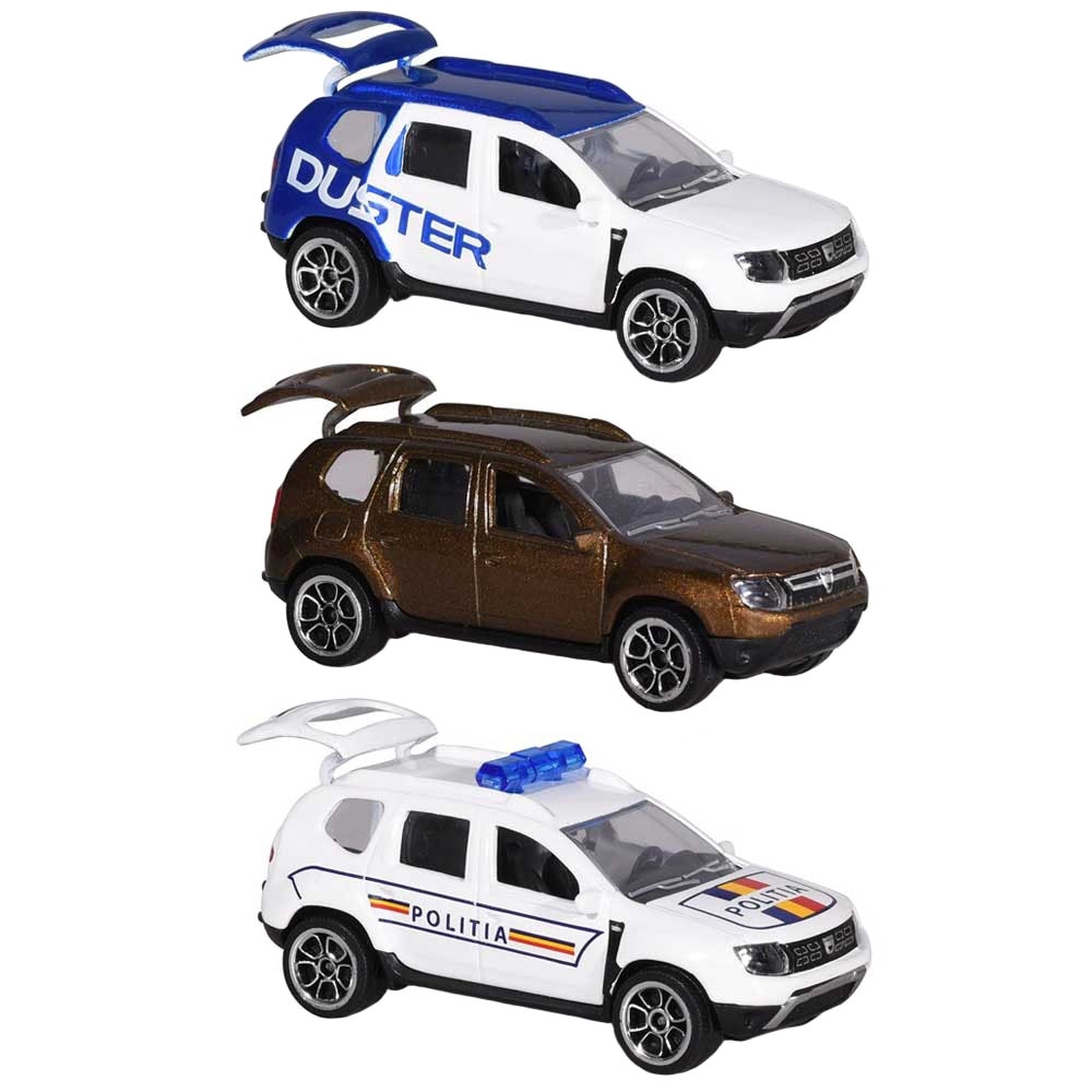 Set Majorette Dacia Duster masina alb albastru, masina maro si masina de politie