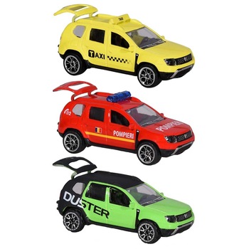 Set Majorette Dacia Duster masina taxi, masina de pompieri si masina negru cu verde Set Majorette Dacia Duster masina taxi, masina de pompieri si masina negru cu verde