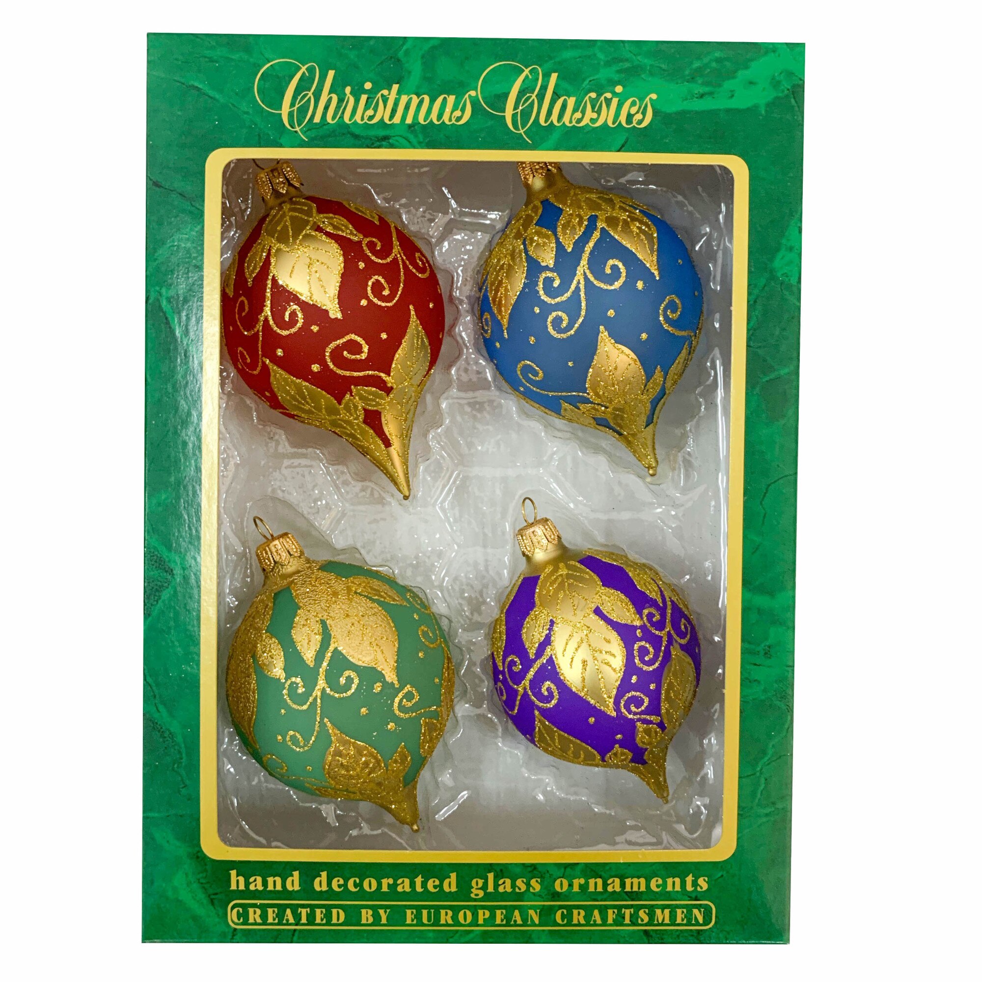 Set 4 globuri clasice din sticla suflate si pictate manual, Argcoms, Fabrica lui Mos Craciun, Ornament galben-auriu, Multicolore, 70 mm, Ovale