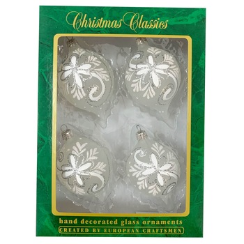 Set 4 globuri clasice din sticla suflate si pictate manual, Argcoms, Fabrica lui Mos Craciun, Flori de gheata cu pictura, Albe, 70 mm, Ovale Set 4 globuri clasice din sticla suflate si pictate manual, Argcoms, Fabrica lui Mos Craciun, Flori de gheata cu pictura, Albe, 70 mm, Ovale