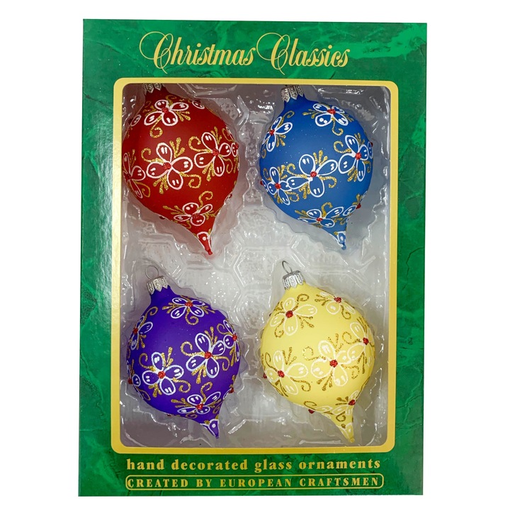 Set 4 globuri clasice din sticla suflate si pictate manual, Argcoms, Fabrica lui Mos Craciun, Model 1, Multicolore, 70 mm, Ovale