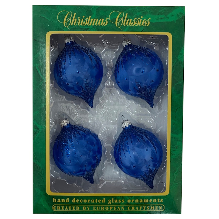 Set 4 globuri clasice din sticla suflate si pictate manual, Argcoms, Fabrica lui Mos Craciun, Flori de gheata, Turturi, 70 mm, Ovale, Albastru