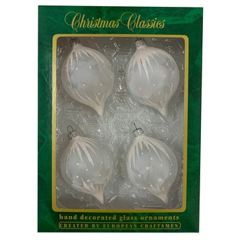 Set 4 globuri clasice din sticla suflate si pictate manual, Argcoms, Fabrica lui Mos Craciun, Flori de gheata, Turturi, 70 mm, Ovale, Alb Set 4 globuri clasice din sticla suflate si pictate manual, Argcoms, Fabrica lui Mos Craciun, Flori de gheata, Turturi, 70 mm, Ovale, Alb