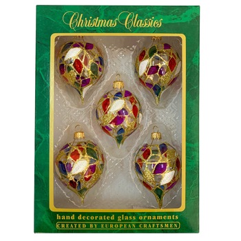 Set 5 globuri clasice din sticla suflate si pictate manual, Argcoms, Fabrica lui Mos Craciun, Vitralii, Multicolore, 60 mm, Ovale Set 5 globuri clasice din sticla suflate si pictate manual, Argcoms, Fabrica lui Mos Craciun, Vitralii, Multicolore, 60 mm, Ovale