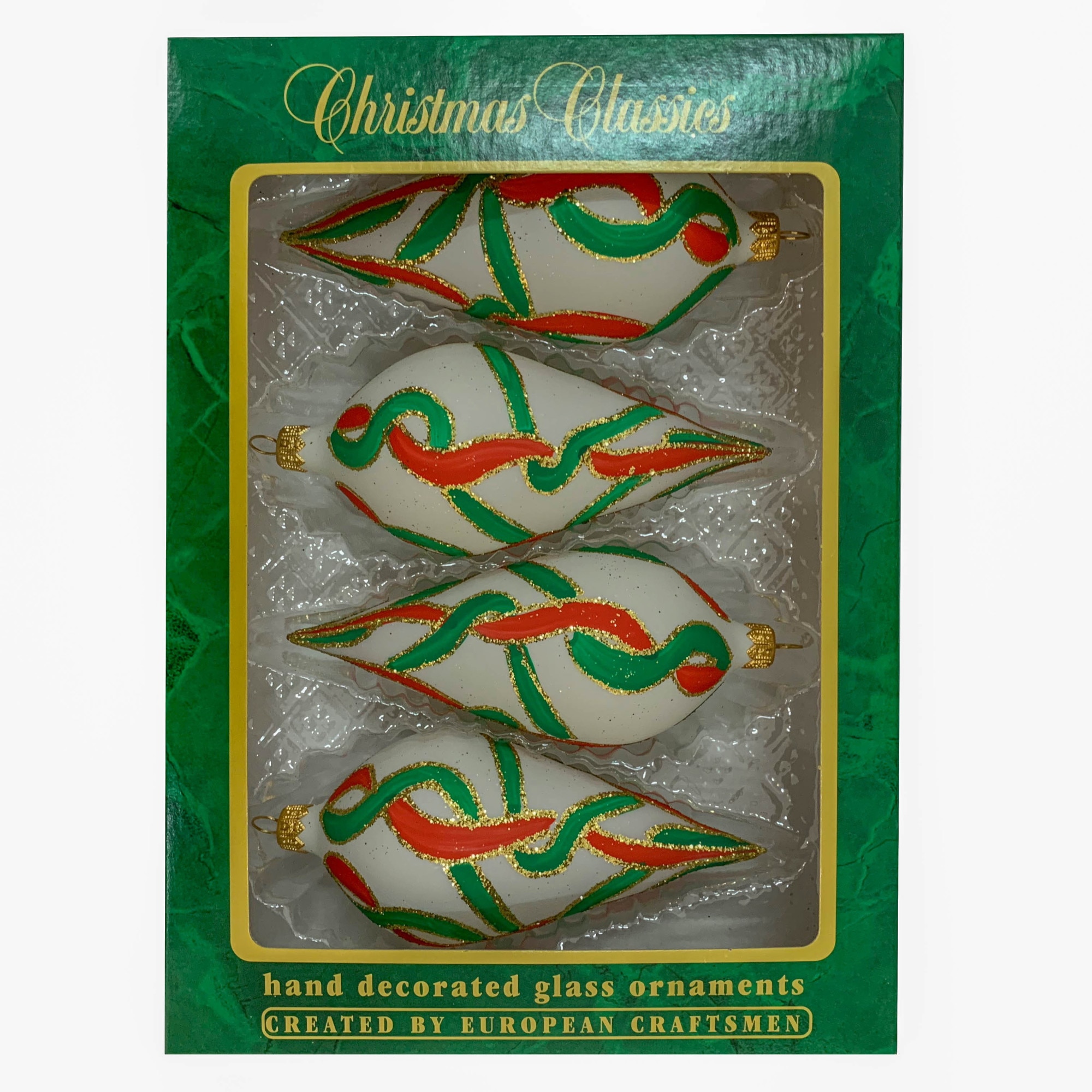 Set 4 globuri clasice din sticla suflate si pictate manual, Argcoms, Fabrica lui Mos Craciun, Model 4, Multicolore, 55 mm, Conice