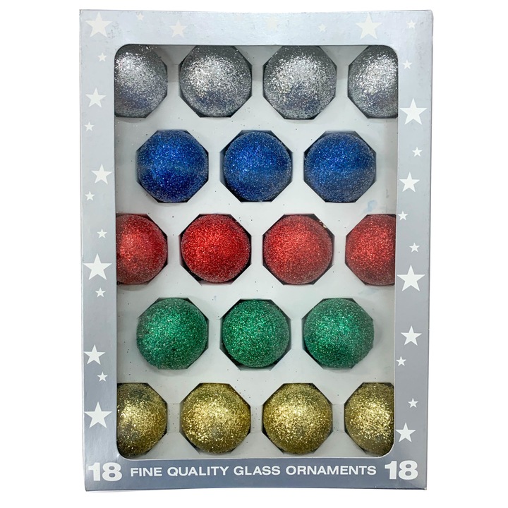 Set 18 globuri clasice din sticla suflate si pictate manual, Argcoms, Fabrica lui Mos Craciun, Multicolore, 40 mm, Sferice