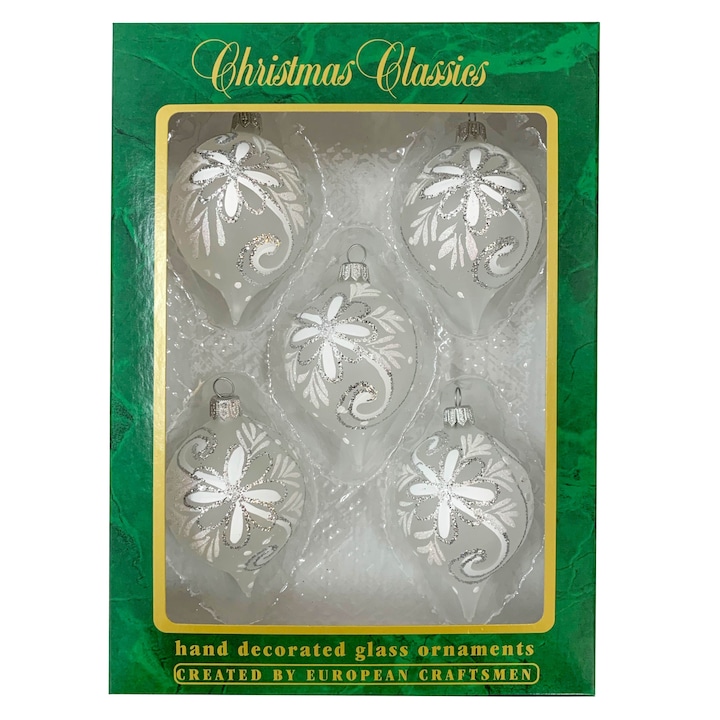Set 5 globuri clasice din sticla suflate si pictate manual, Argcoms, Fabrica lui Mos Craciun, Flori de gheata cu pictura, Albe, 60 mm, Ovale