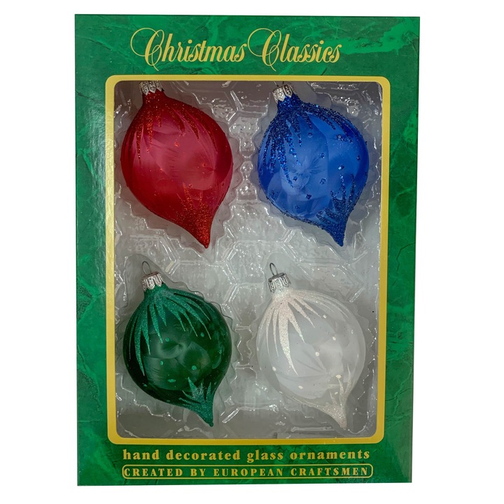 Set 4 globuri clasice din sticla suflate si pictate manual, Argcoms, Fabrica lui Mos Craciun, Flori de gheata, Turturi, Multicolore, 70 mm, Ovale