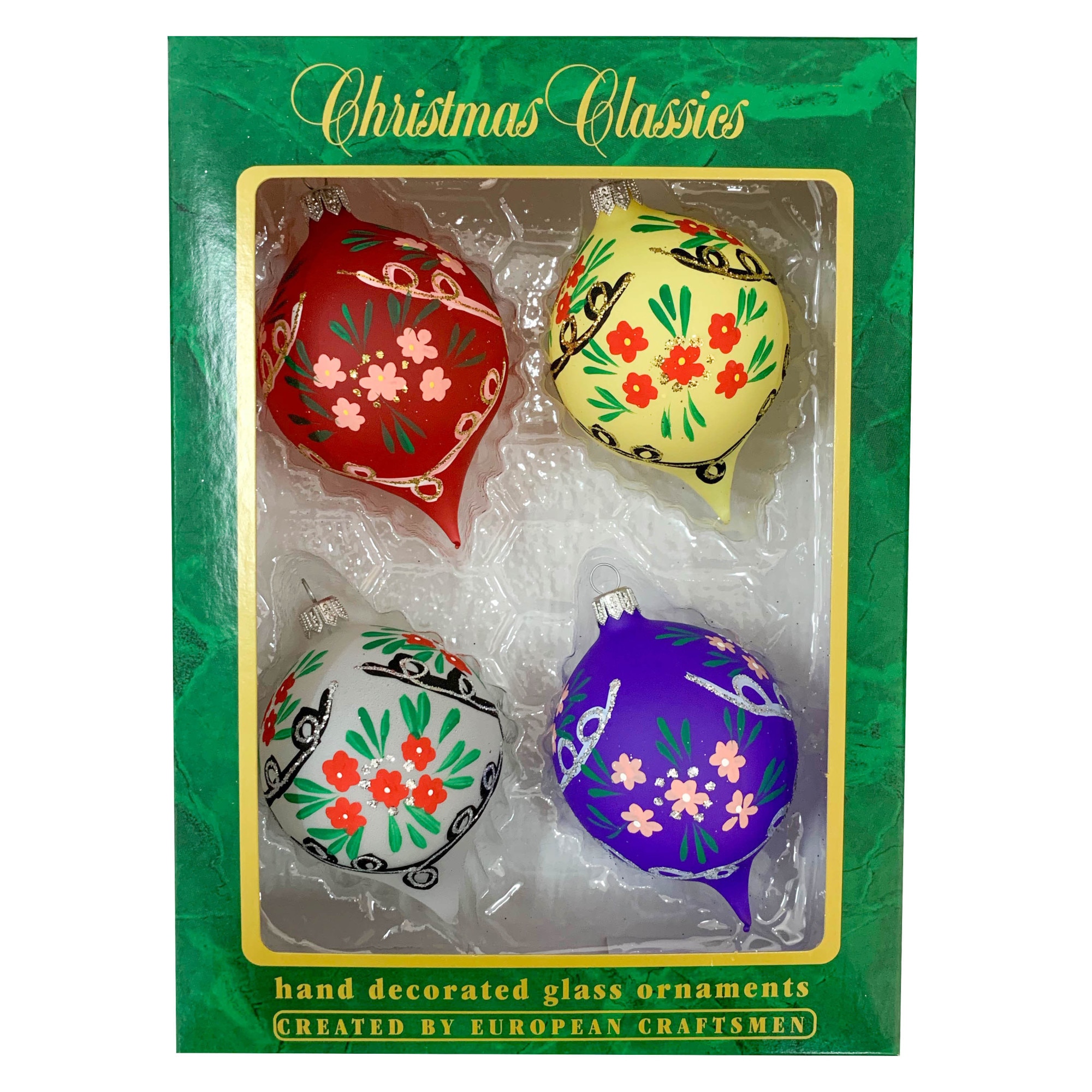 Set 4 globuri clasice din sticla suflate si pictate manual, Argcoms, Fabrica lui Mos Craciun, Model 3, Multicolore, 70 mm, Ovale