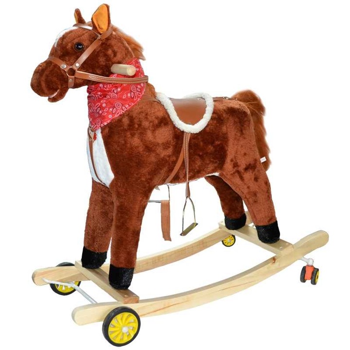 Calut Balansoar, Lemn + Plus, Caramiziu/Maro, cu Rotile, 74 Cm, Robentoys