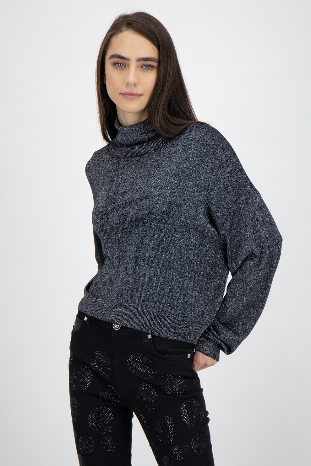 John Richmond, Pulover cu guler inalt si maneci cazute, Negru/Argintiu