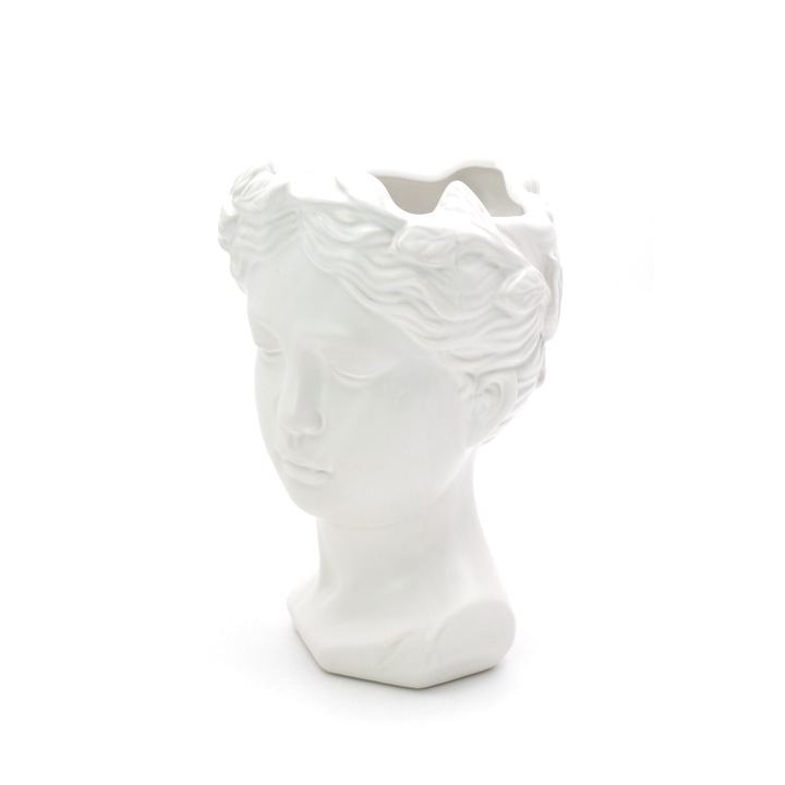 Vaza decorativa, forma de cap, ceramica, alb, 19 x 12 cm