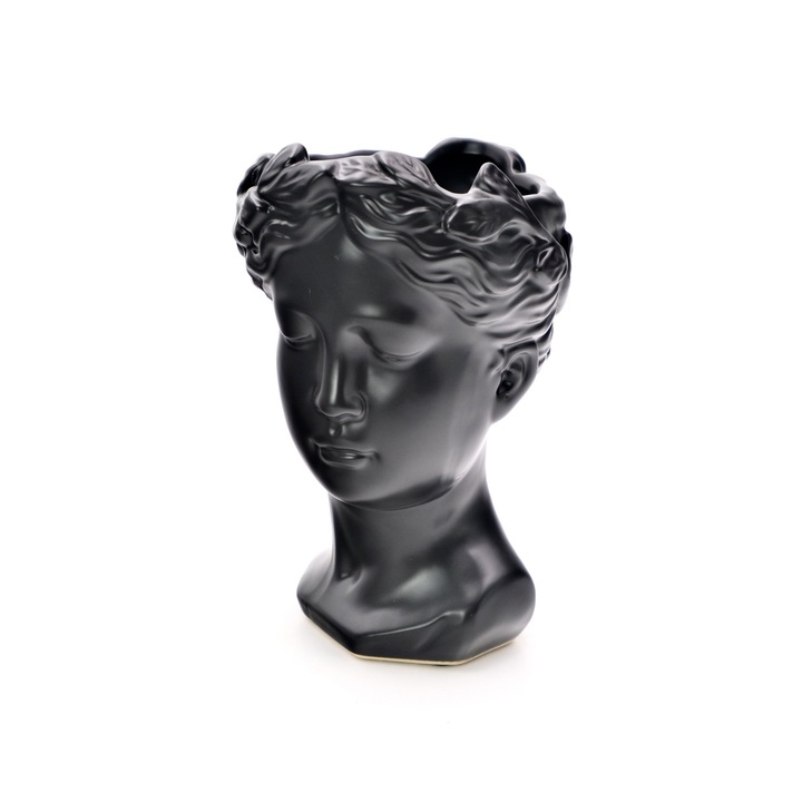 Vaza decorativa, forma de cap, ceramica, negru, 19 x 12 cm