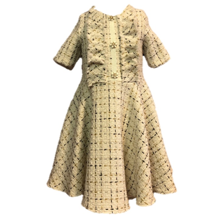 Rochita casual pentru fetite Cezara, stofa Tweed, Alb ivoire