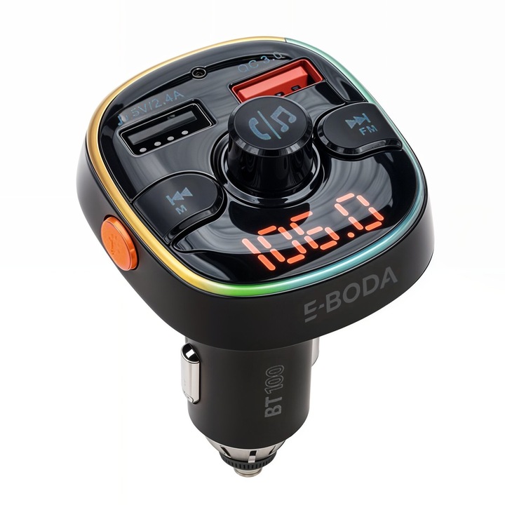 Modulator FM E-Boda BT 100, Bluetooth, Quick Charge 3.0, Negru